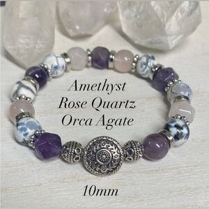 Boho Style Amethyst, Rose Quartz and Orca Agate Gemstone Stretch Bracelet